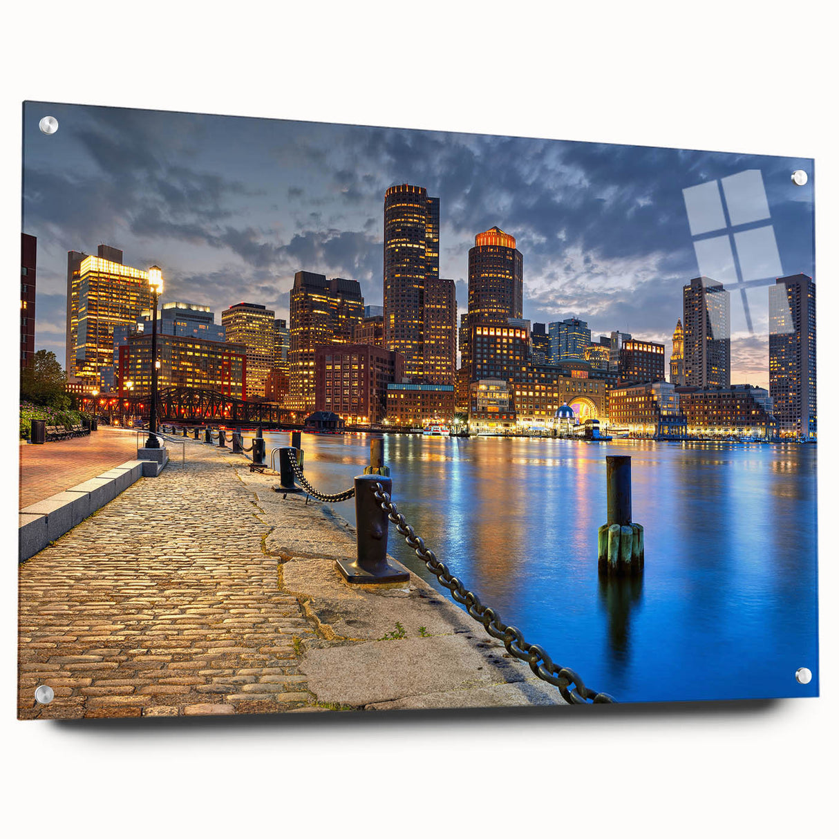 Acrylic print of a large abstract depiction of the Boston skyline in muted blues and grays.