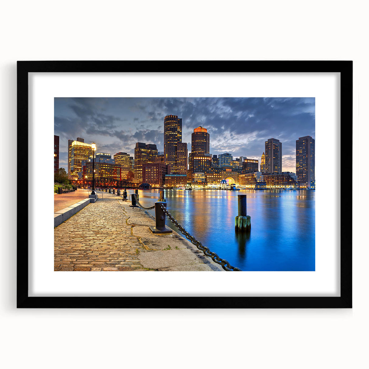 Extra large abstract art print of Boston skyline in colorful textured hues, framed with black mat.