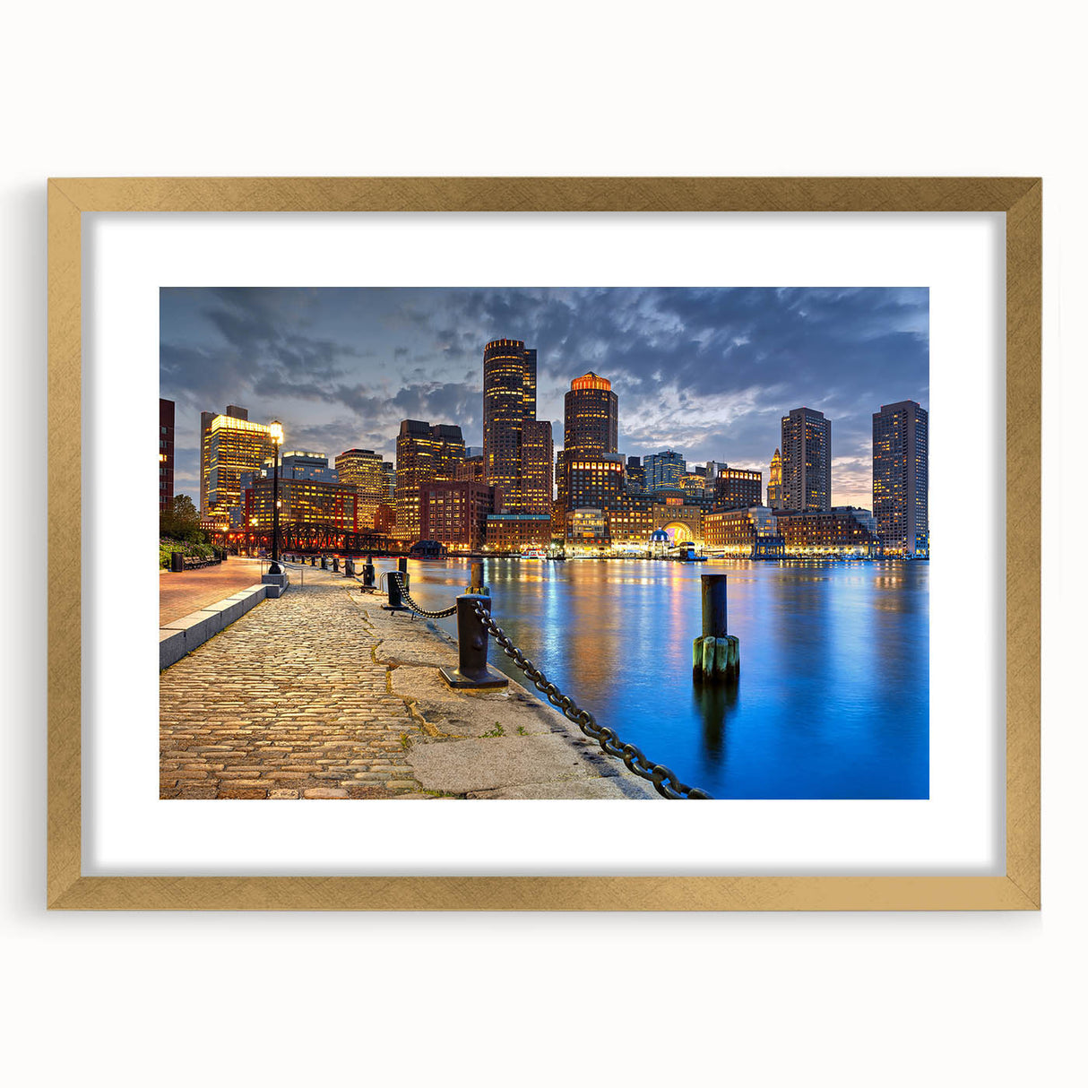 Extra large abstract art print of Boston scenery in muted earth tones, framed in gold, ideal for living room decor.