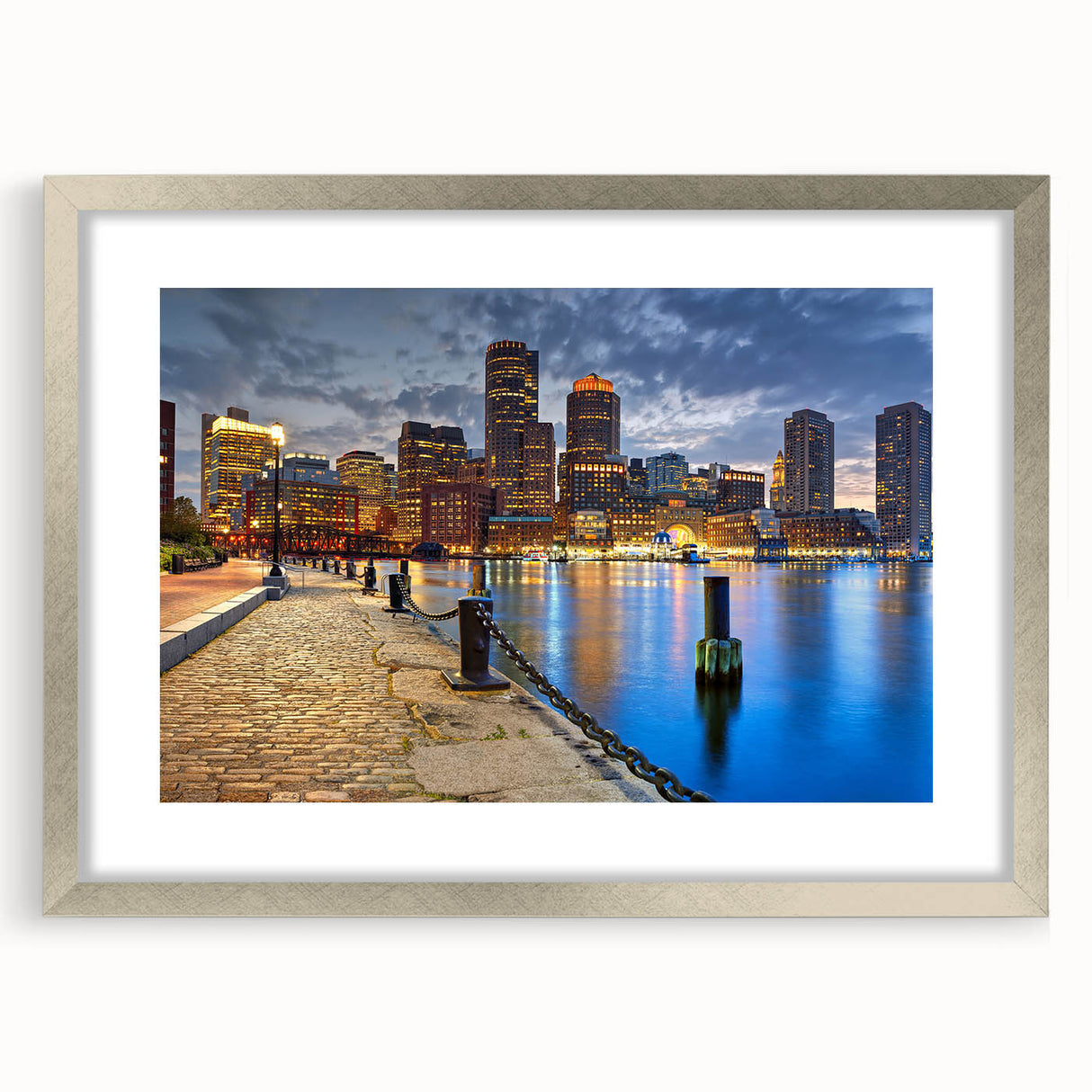 Textured abstract art print of Boston scenery in muted gray and silver frame, ideal for bedroom art.