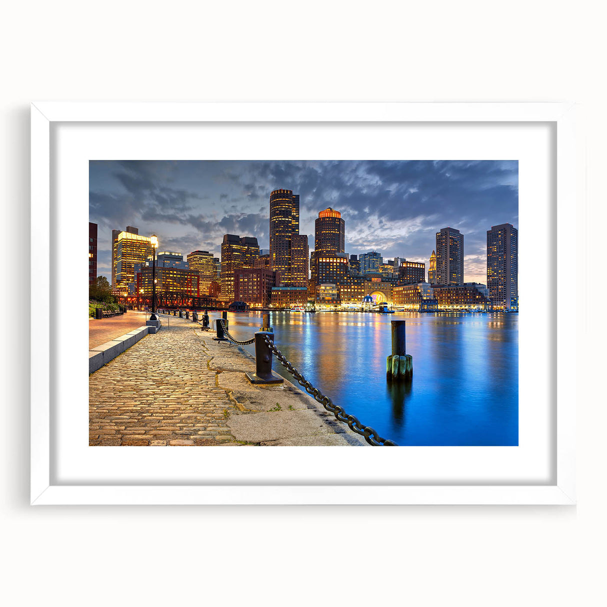 Abstract art print of Boston skyline in muted blue and gray tones on a white framed mat, ideal for dining room decor.