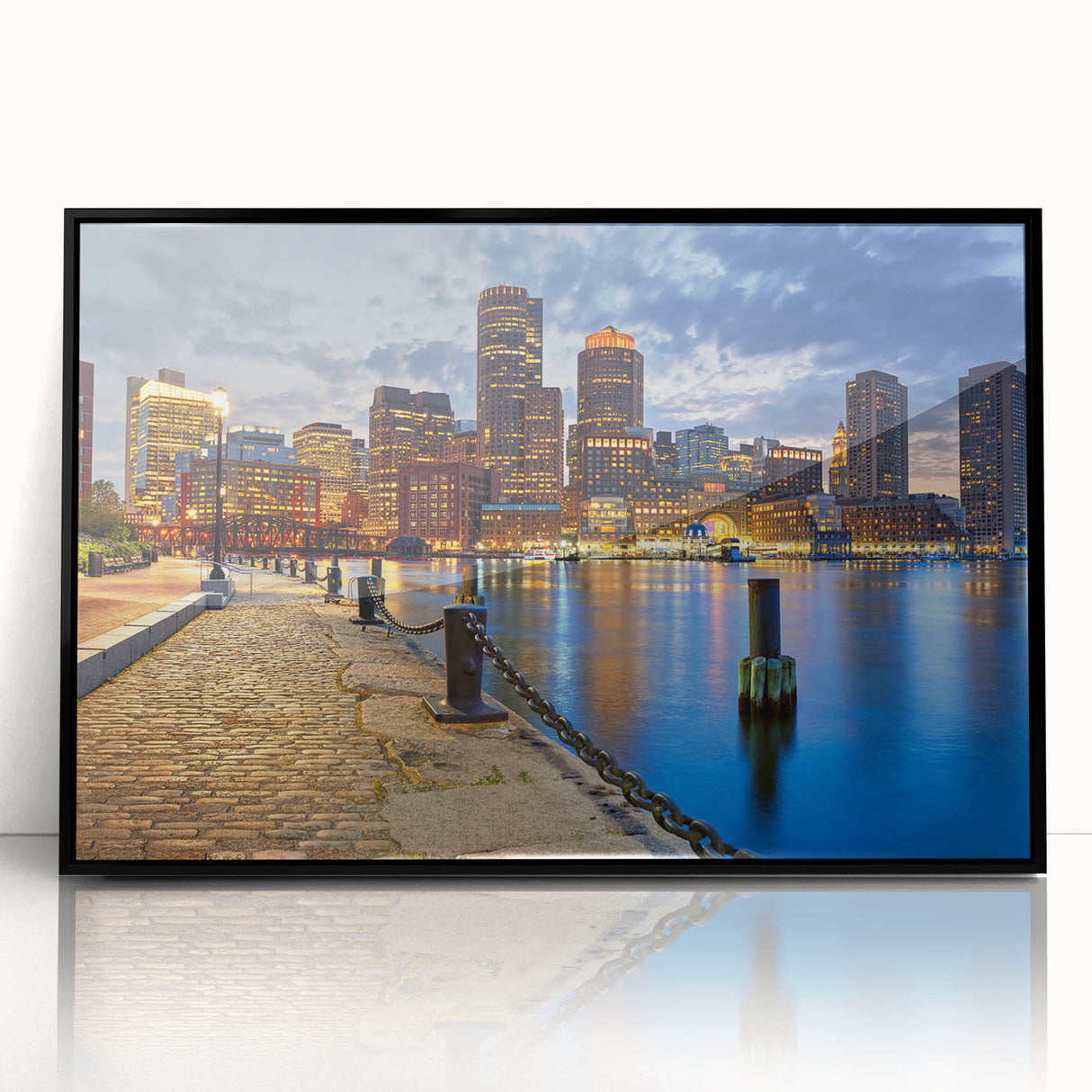 Large abstract wall art depicting a stylized Boston skyline in muted blue and grey tones, framed in black acrylic.