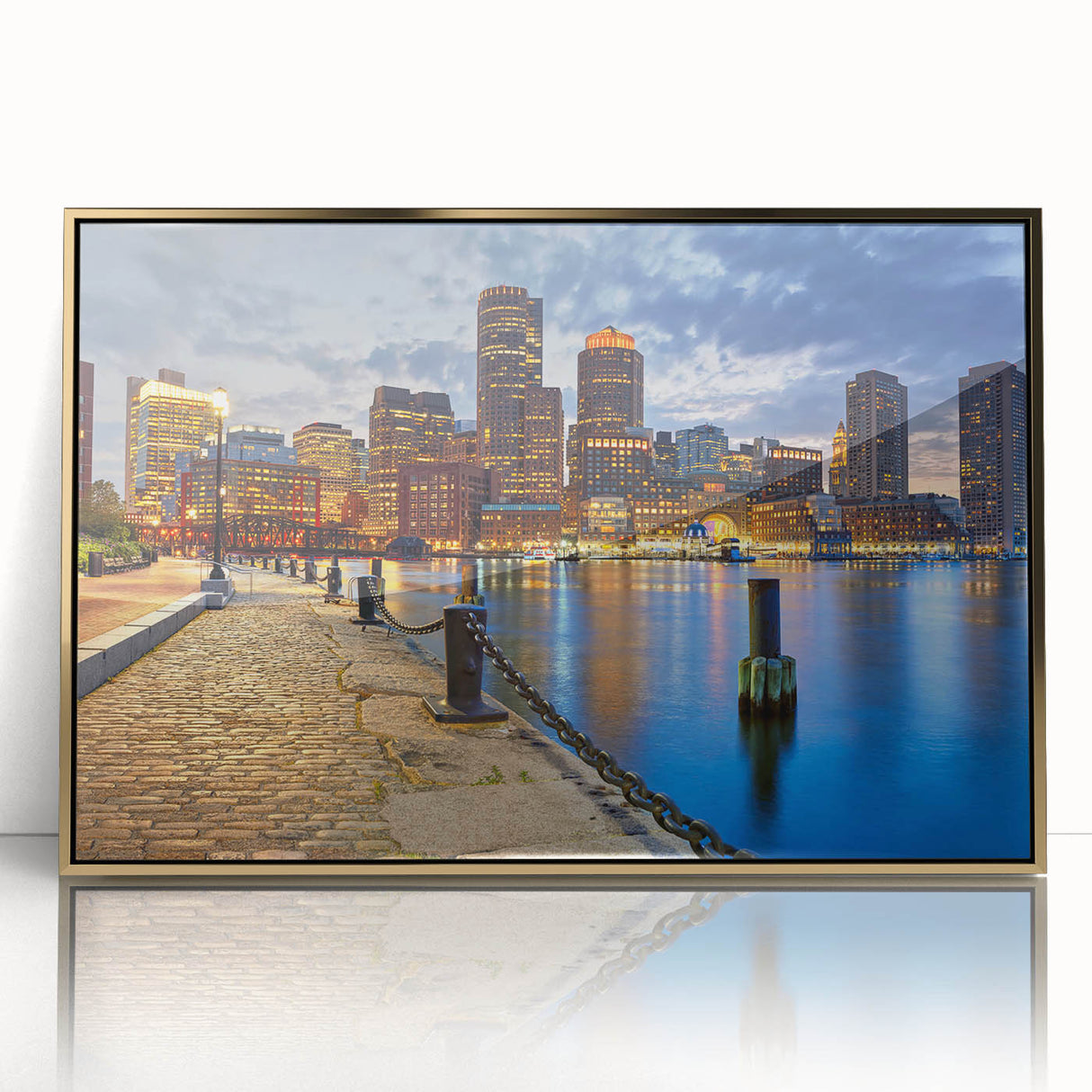 Acrylic print of Boston skyline in gold tones, ideal for modern art wall decor.
