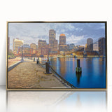Acrylic print of Boston skyline in gold tones, ideal for modern art wall decor.