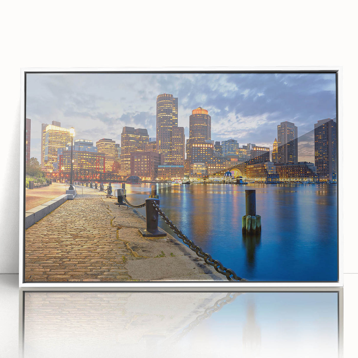 Acrylic print of Boston skyline in art deco style with monochrome palette, ideal for modern nursery wall art.