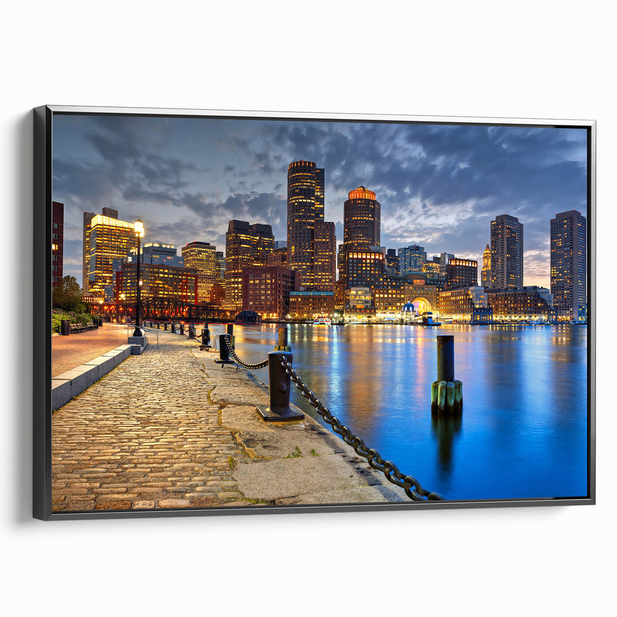 Black and white framed canvas of Boston skyline with vintage poster art style, ideal for bedroom wall decor.