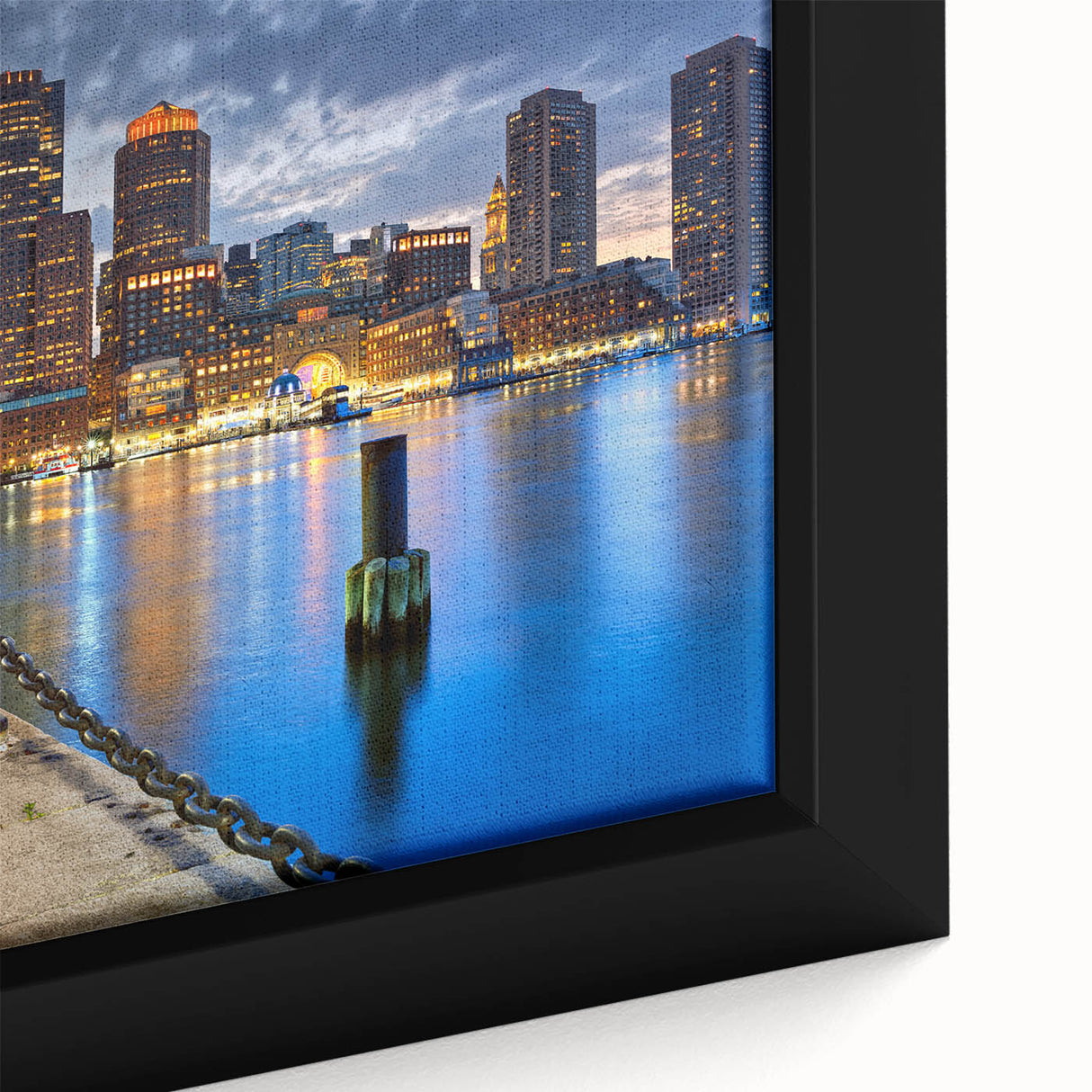 Framed canvas of textured Boston skyline in black with colorful accents, suitable for large living room walls.