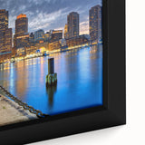 Framed canvas of textured Boston skyline in black with colorful accents, suitable for large living room walls.