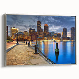 Framed canvas of a vintage Boston landscape painting with colorful art on a black background, ideal for office decor.