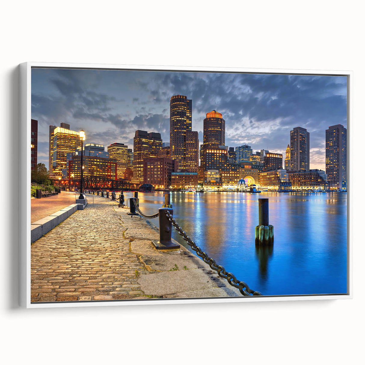 Vintage poster art of Boston skyline in colorful hues on extra large framed canvas, ideal for living room decor.