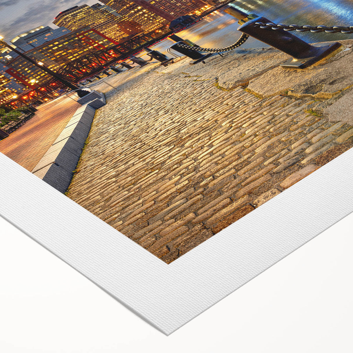 Art deco poster of Boston skyline in muted gold and blue tones on rolled canvas, suitable for dining room wall art.
