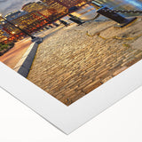 Art deco poster of Boston skyline in muted gold and blue tones on rolled canvas, suitable for dining room wall art.