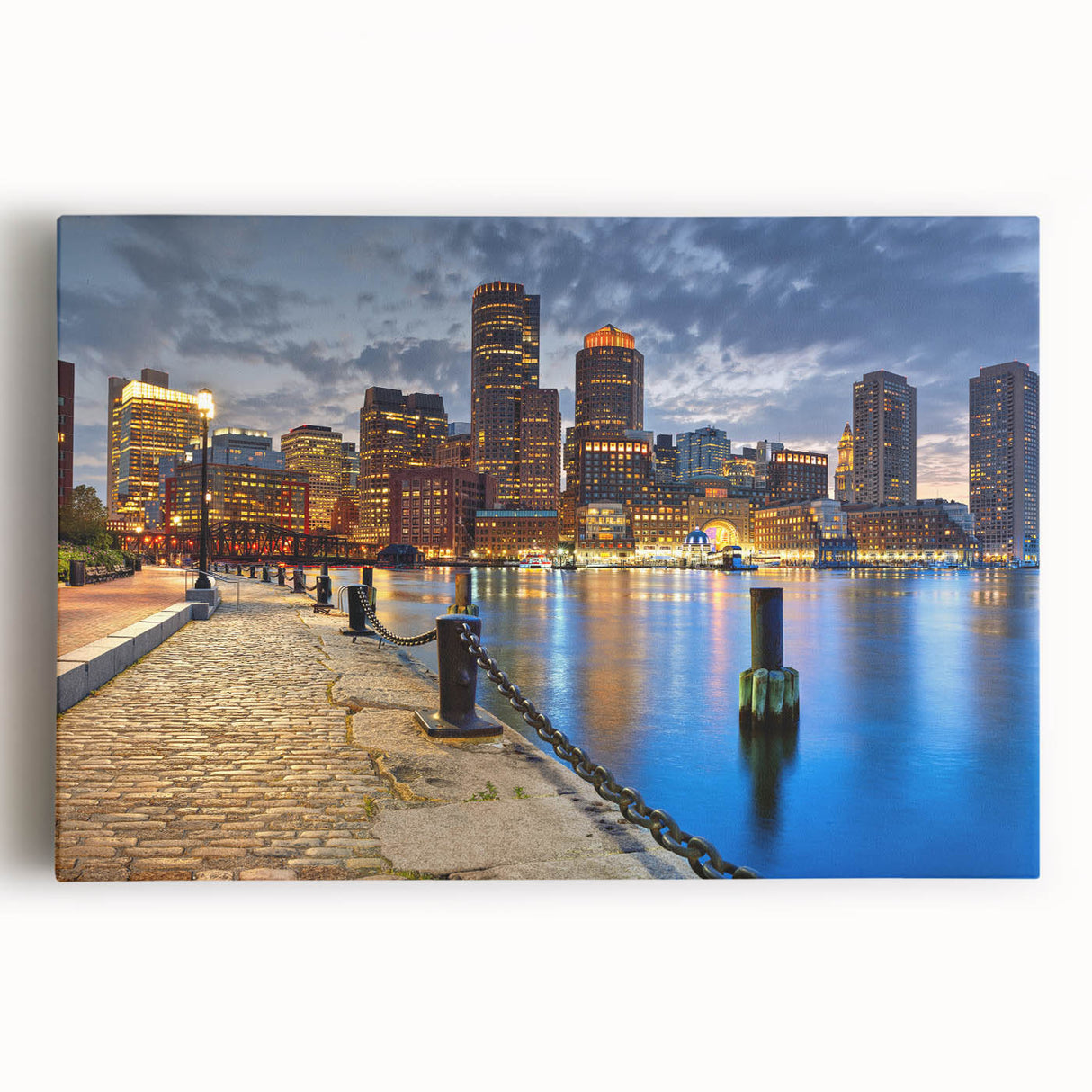 Black and white stretched canvas of Boston skyline, ideal for kitchen wall art.