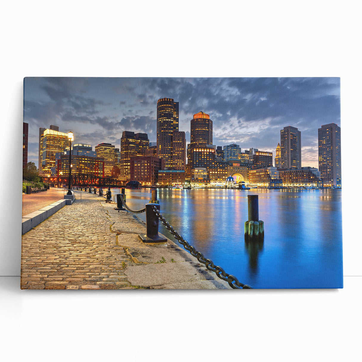 Black and white stretched canvas featuring a detailed Boston skyline, ideal for kitchen wall art.