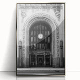 Large art print of Detroit skyline in muted grays and blues on a framed acrylic, ideal for modern art wall decor.