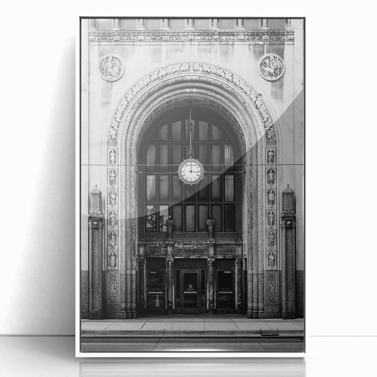 Art deco poster of Detroit skyline in muted gray and blue tones, acrylic framed print, ideal for modern nursery wall art.