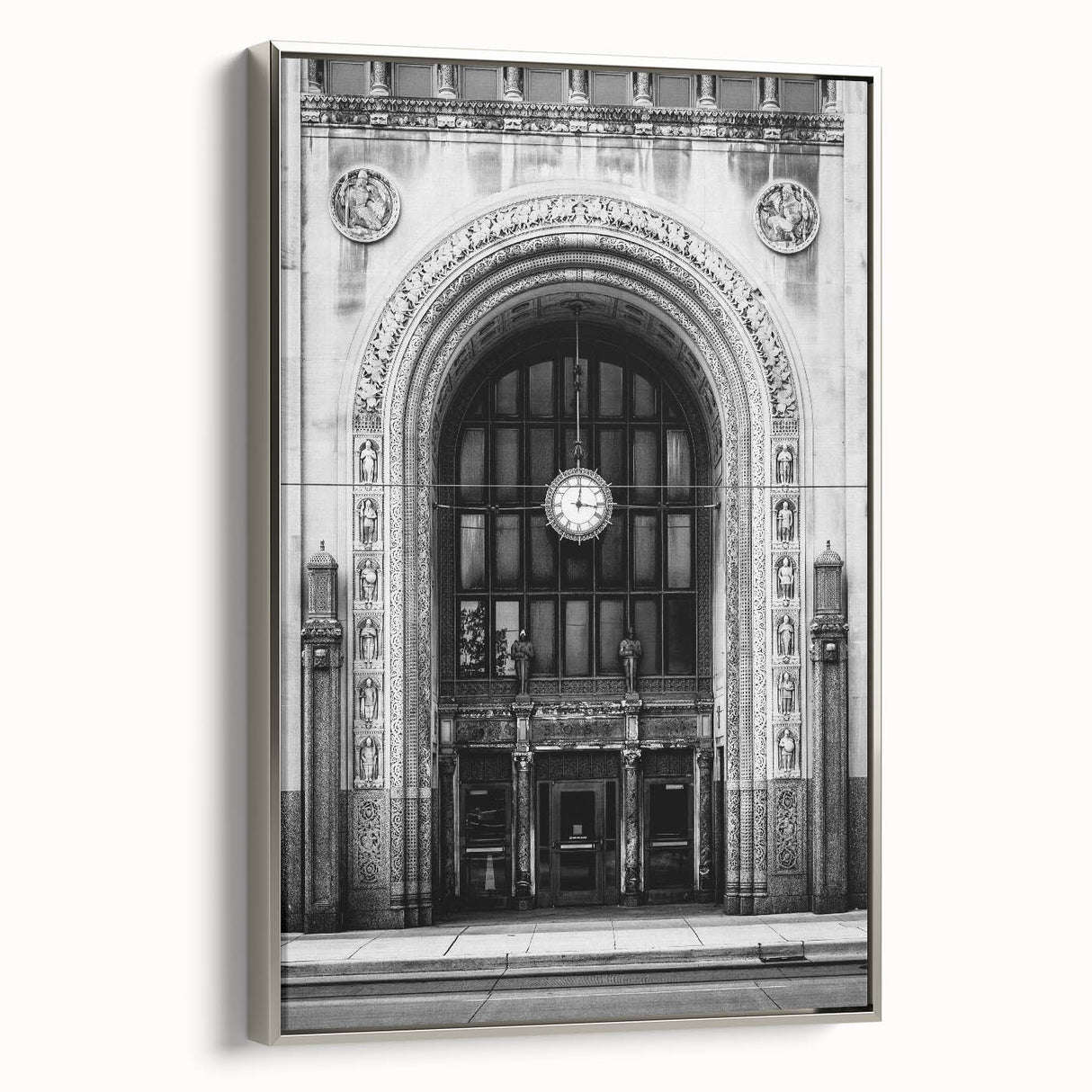 Framed canvas depicting a vintage-style Detroit landscape in monochrome black, ideal for bedroom wall art.