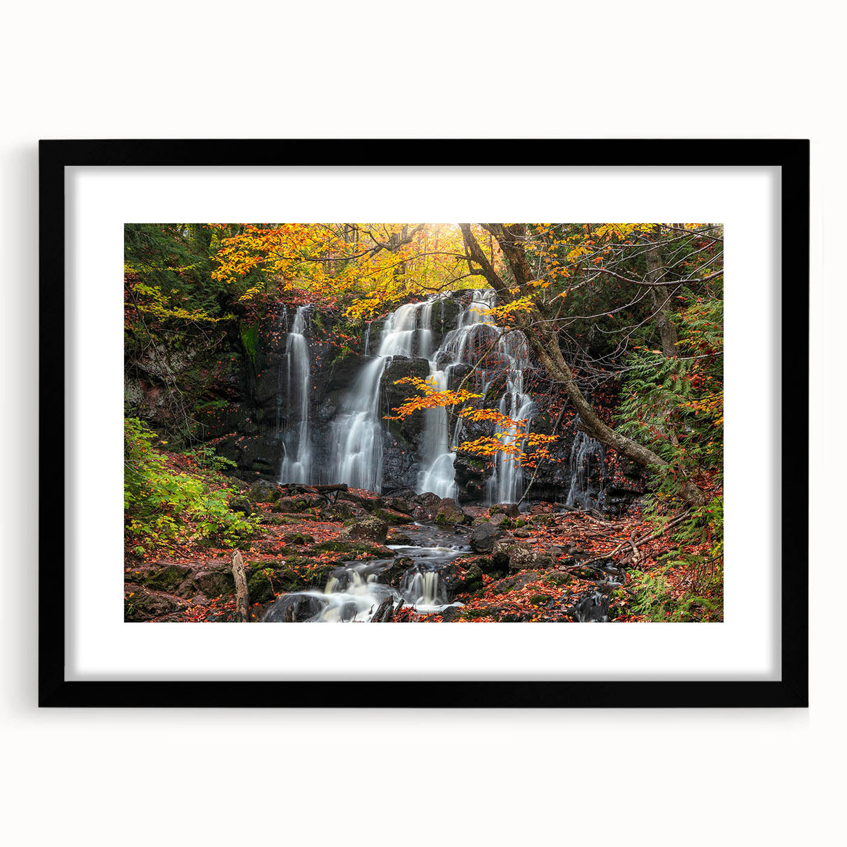 Extra large framed wall art of abstract Michigan Upper Peninsula scene in vibrant colors, ideal for living room decor.