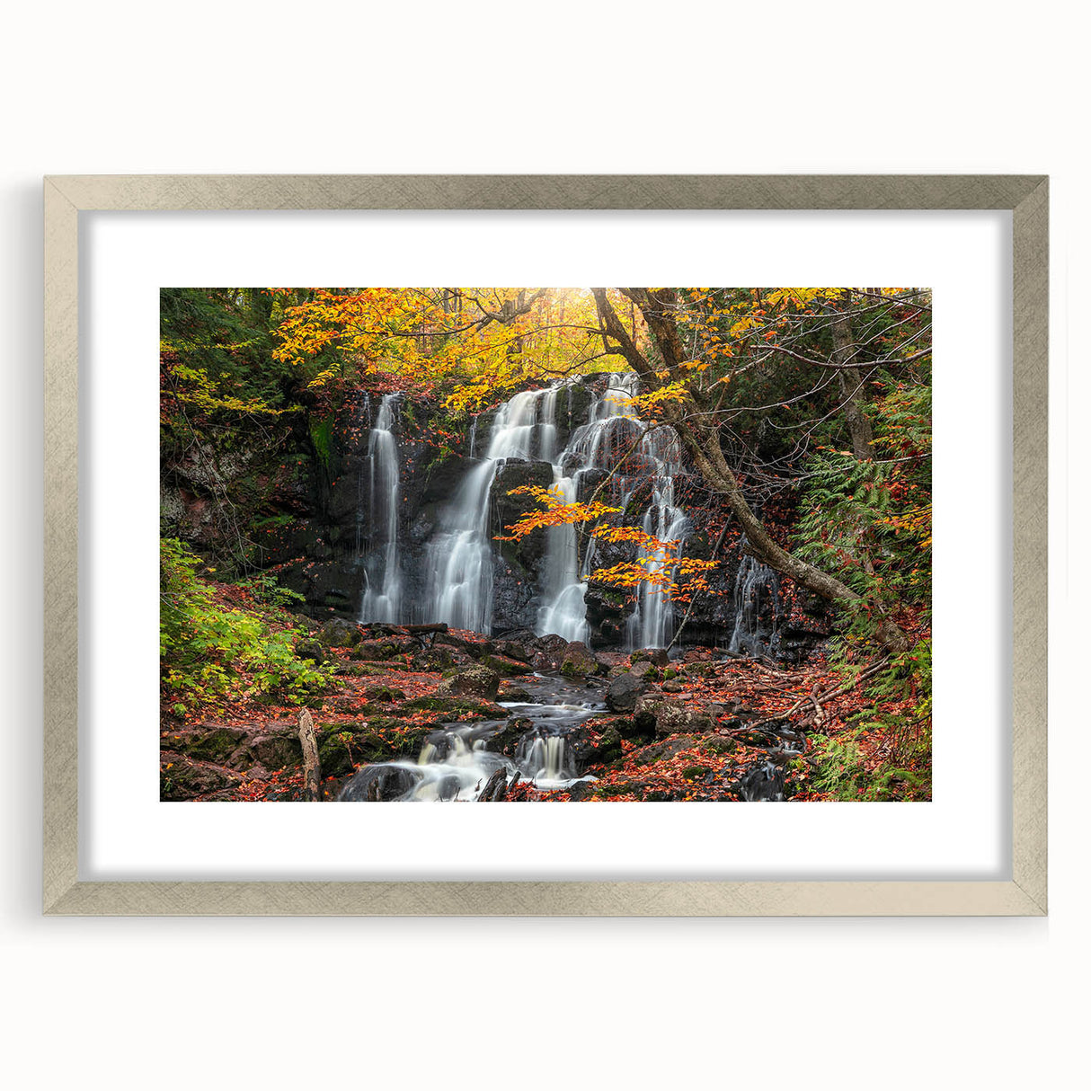 Textured abstract art print of Michigan's Upper Peninsula in muted earth tones, framed with a silver mat.