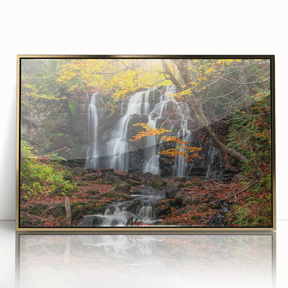 Large art print of Michigan's Upper Peninsula in muted earth tones on a framed acrylic, ideal for modern art wall decor.