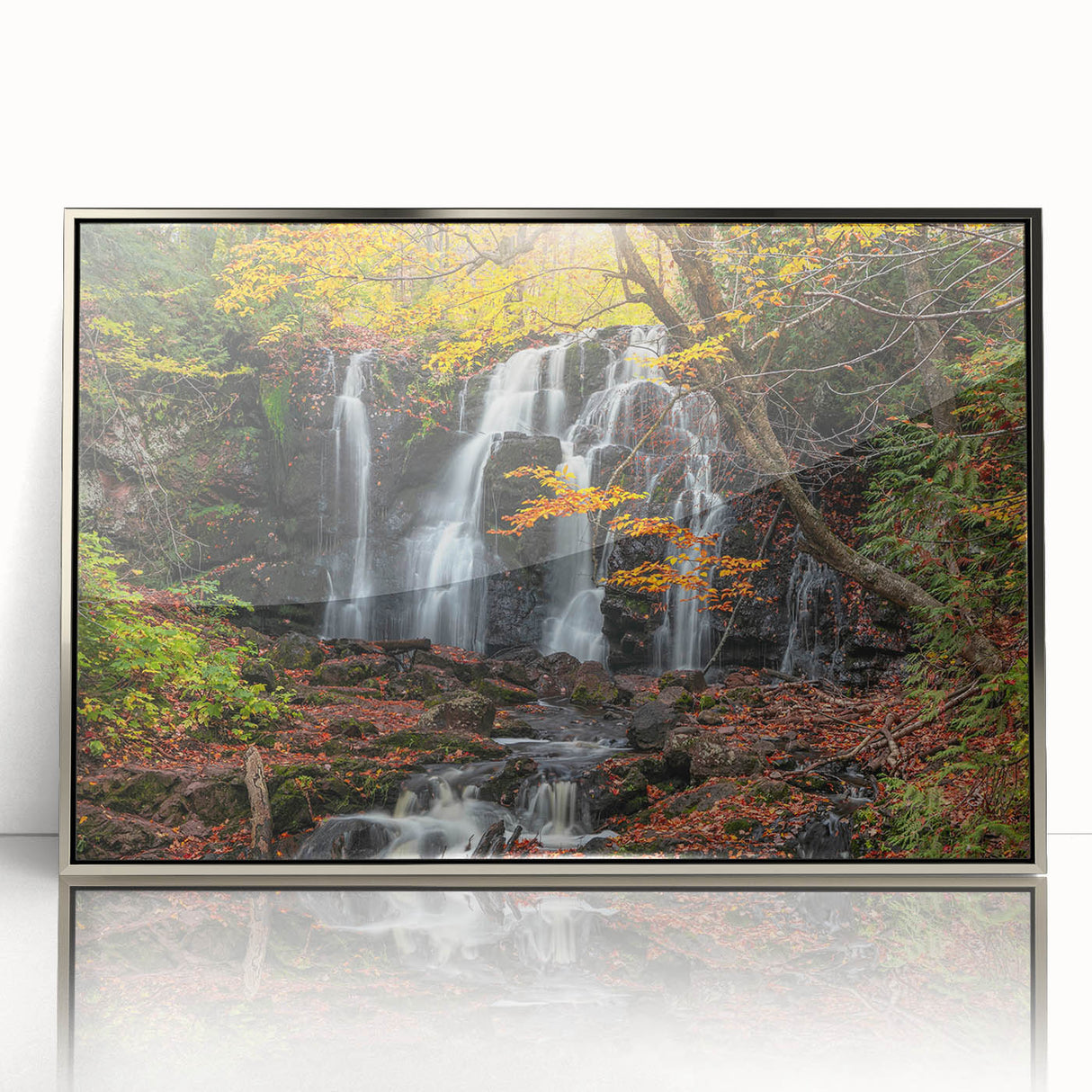 Mid-century modernist art of Michigan's Upper Peninsula in muted earth tones on a framed acrylic.