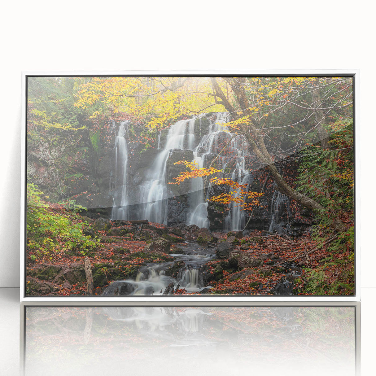 Art deco poster of Michigan's Upper Peninsula in muted earth tones on a white framed acrylic, suitable for nursery wall art.