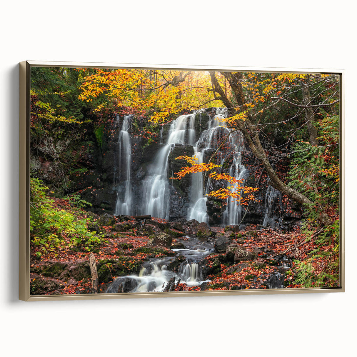 Framed canvas wall art featuring a vintage-style landscape of Michigan's Upper Peninsula with muted earth tones.