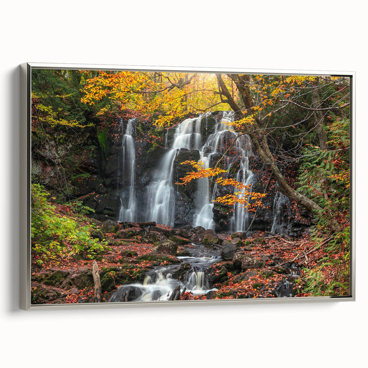 Framed canvas depicting a landscape art painting of Michigan's Upper Peninsula in muted earth tones.