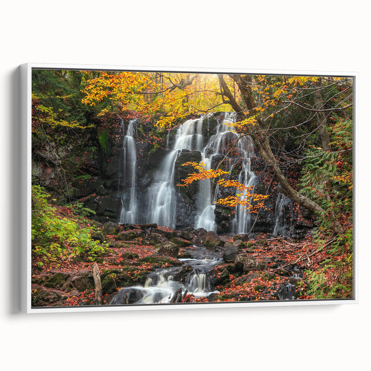 Vintage poster art of Michigan's Upper Peninsula in colorful hues on a framed canvas, ideal for living room decor.