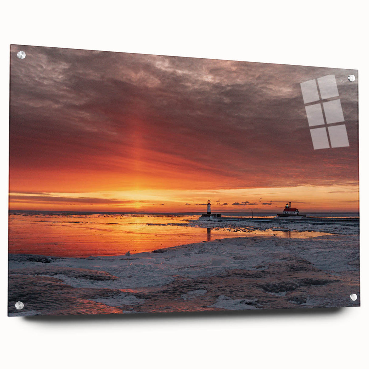 Large abstract wall art of a Minnesota landscape in blue and green hues on acrylic glass.