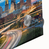 Acrylic print of Kansas City skyline in muted gray and blue tones, ideal for dining room art.