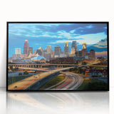 Large abstract wall art of Kansas City skyline in muted gray and blue tones on framed acrylic.