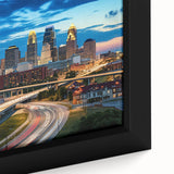 Extra large framed canvas of Kansas City skyline in black with colorful, textured highlights, ideal for living room decor.