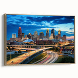 Framed canvas of Kansas City landscape with gold accents, ideal for bedroom wall art.