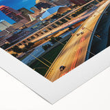 Art deco poster of Kansas City skyline in muted gray and blue tones on rolled canvas, ideal for dining room wall art.