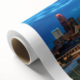 Art deco poster of Kansas City skyline in muted blue and gray tones on rolled canvas, ideal for nursery wall art.