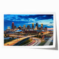 Rolled print of Kansas City skyline in muted gray and blue tones, ideal for art wall dining room.