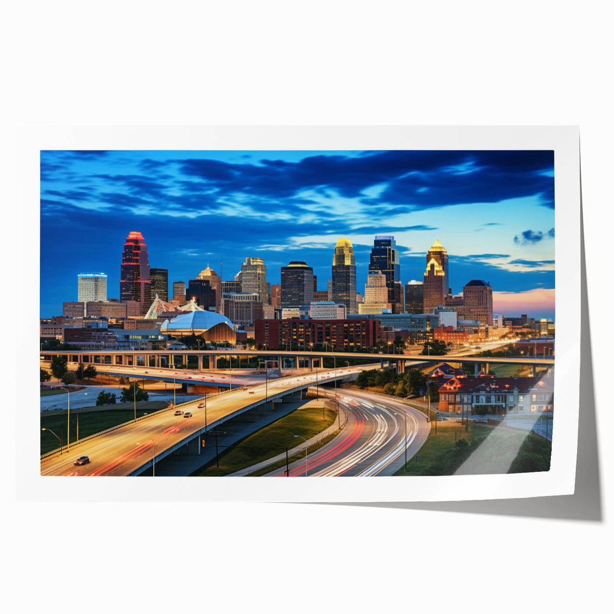 Rolled print of Kansas City skyline in muted gray and blue tones, ideal for art wall dining room.