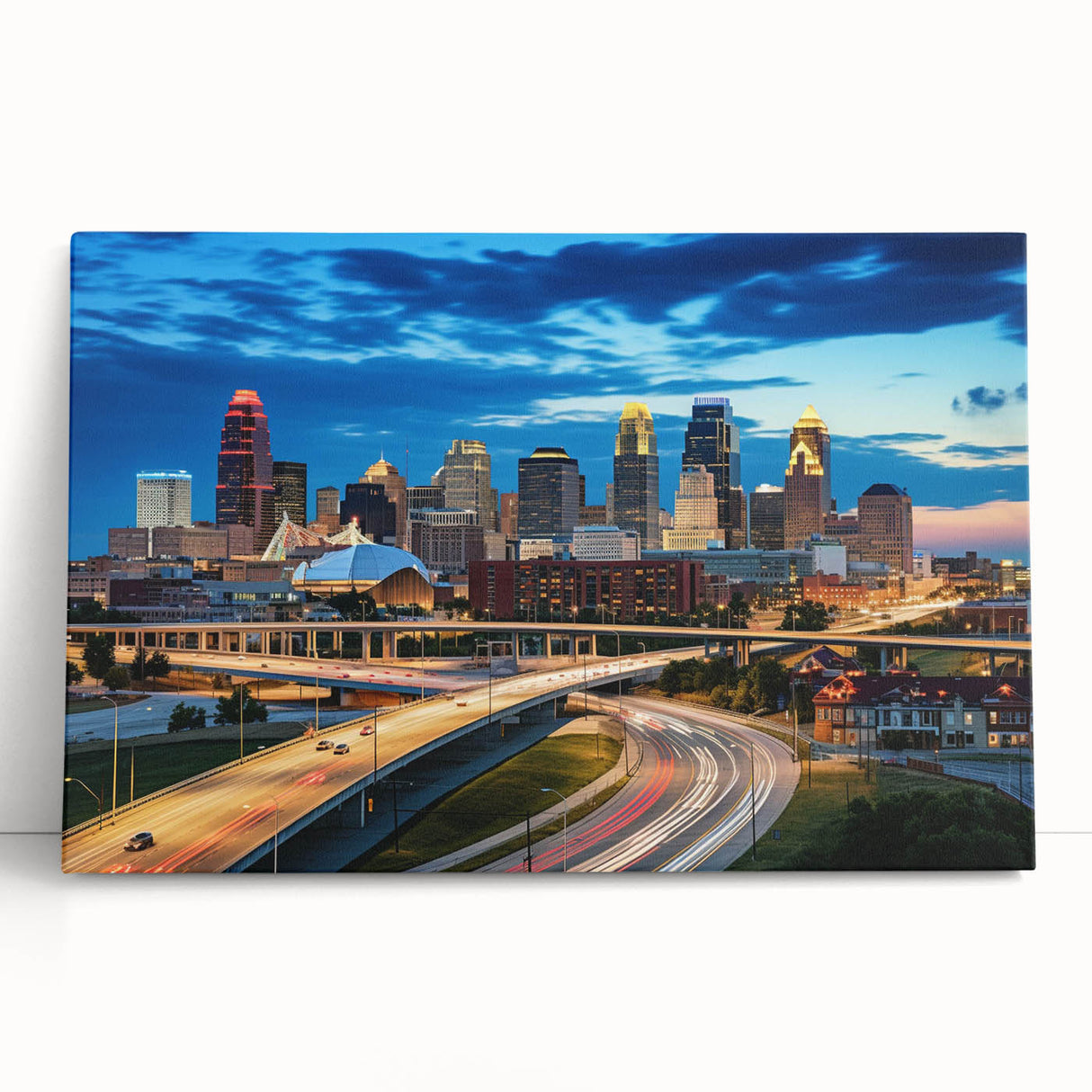 Black and white stretched canvas of Kansas City skyline, ideal for kitchen wall art or bedroom decor.
