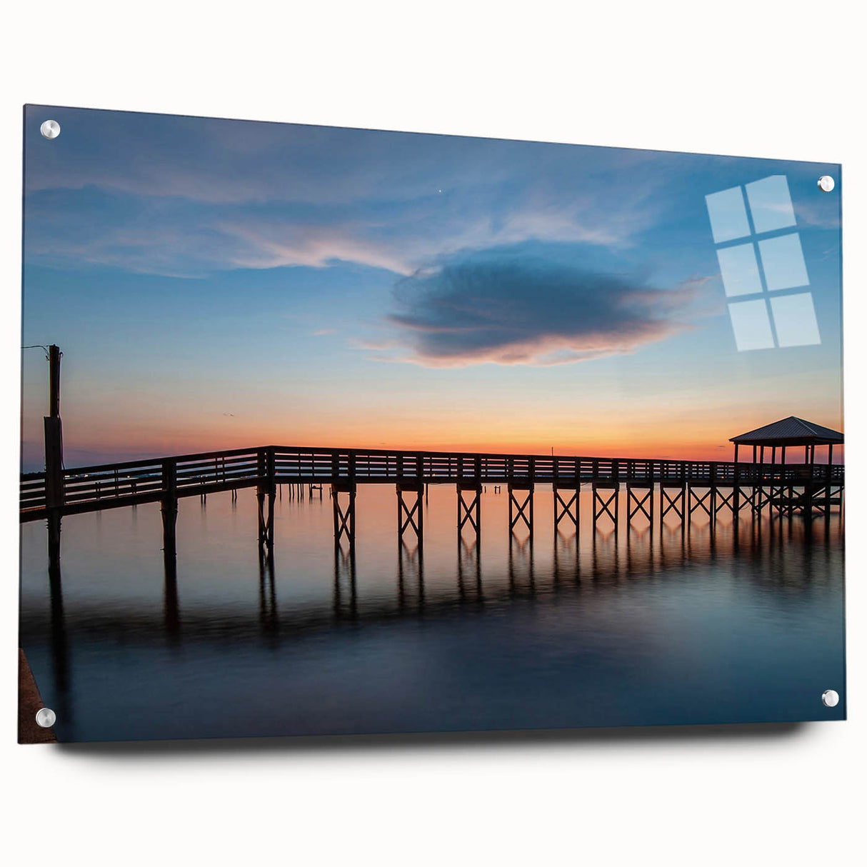 Acrylic print of St. Louis skyline in muted blues and grays, ideal for dining room decor.