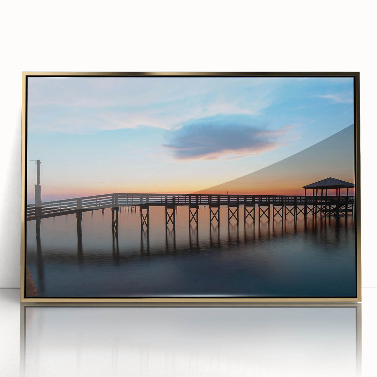 Framed acrylic print of St. Louis skyline in muted gold and blue tones, ideal for modern art wall decor.