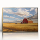 Large art print of a Nebraska landscape in gold and green tones, framed acrylic, mid-century modernist style.