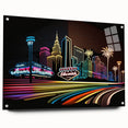 Acrylic print of Las Vegas skyline in vibrant twilight hues, ideal for modern bedroom or dining room decor.