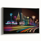 Framed canvas depicting a vintage-style Las Vegas landscape with colorful elements on a black background.