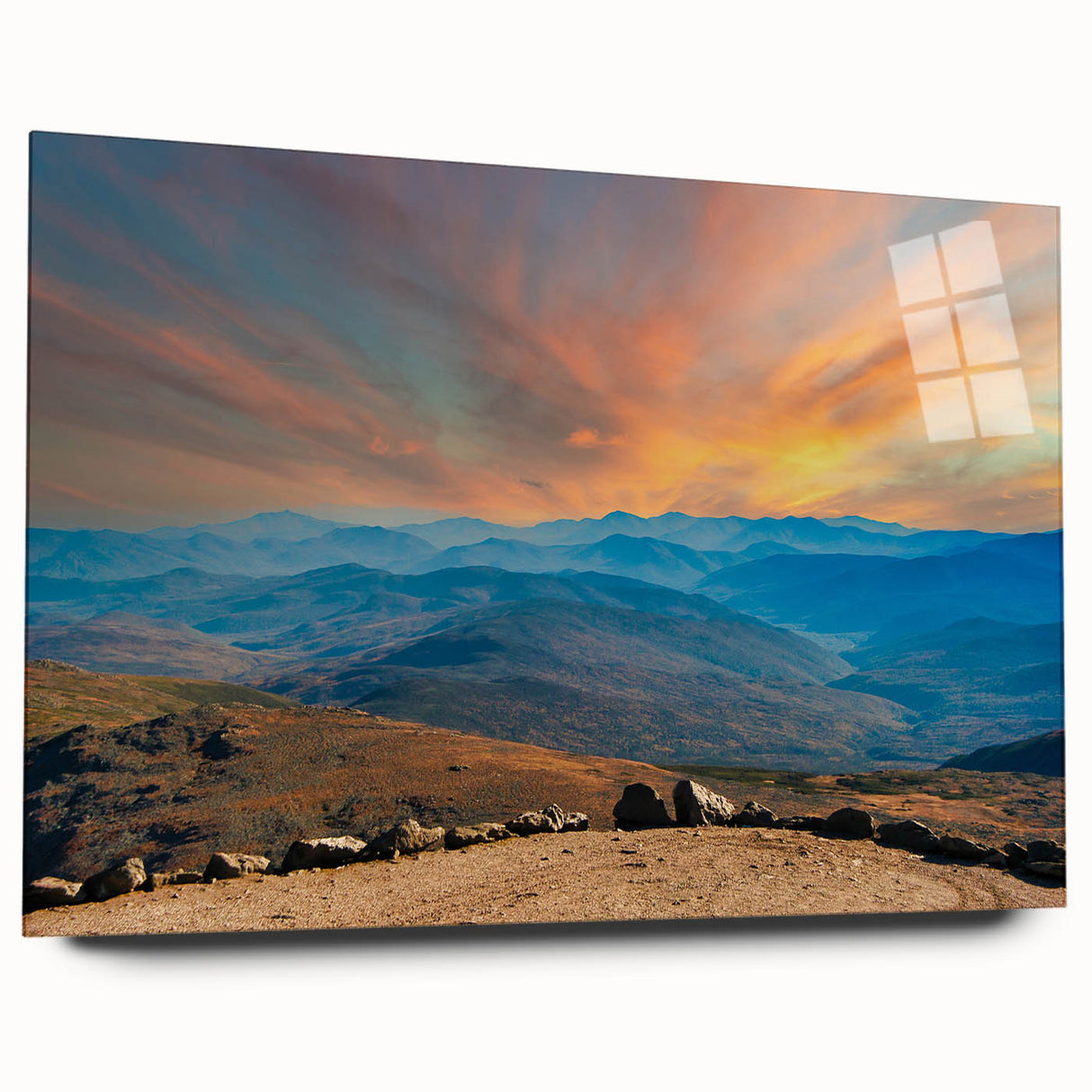Acrylic print of a serene New Hampshire landscape in soft green and blue tones, ideal for bedroom or dining room art.