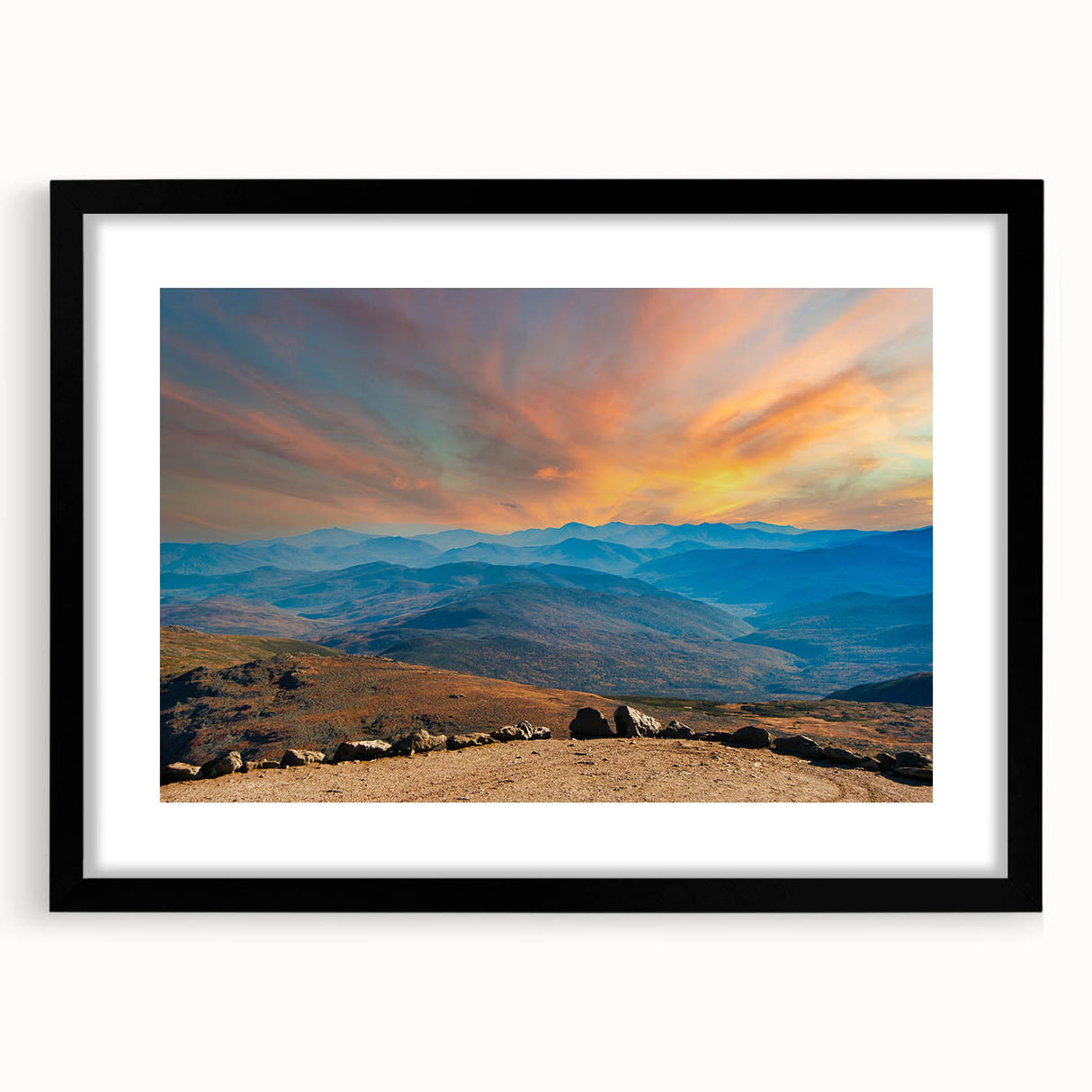 Colorful abstract art print of a textured New Hampshire landscape on a large framed canvas, ideal for living room decor.
