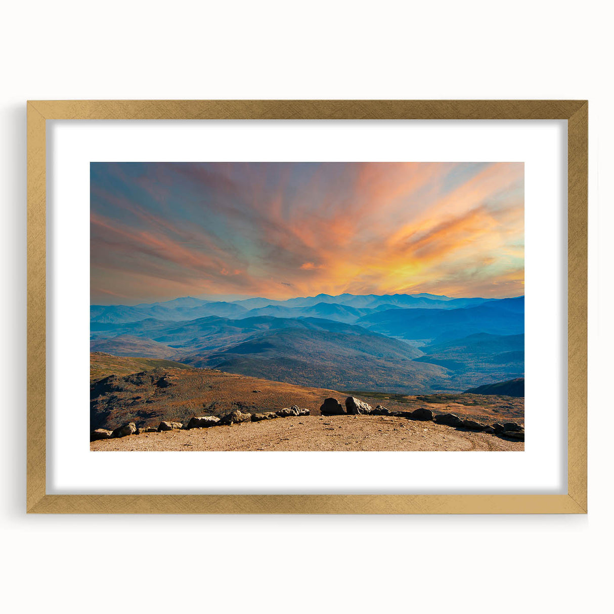 Extra large abstract art print of a textured New Hampshire scenery in muted earth tones, framed in gold.