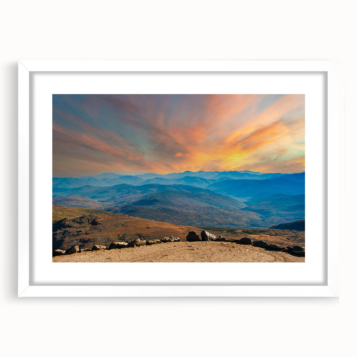 Abstract art print of New Hampshire scenery in muted earth tones on a framed white mat.