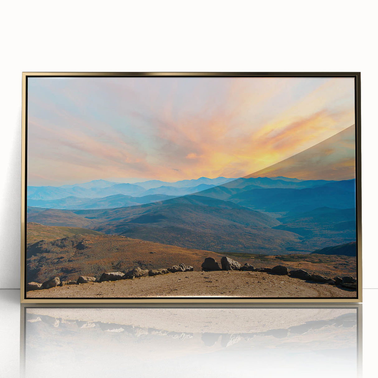 Mid-century modernist acrylic print of a New Hampshire landscape in muted earth tones, framed in gold.