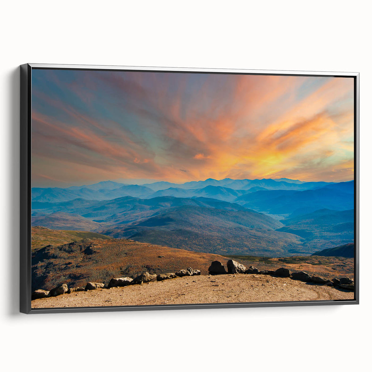 Black and white framed canvas of a New Hampshire landscape, ideal for bedroom wall decor.